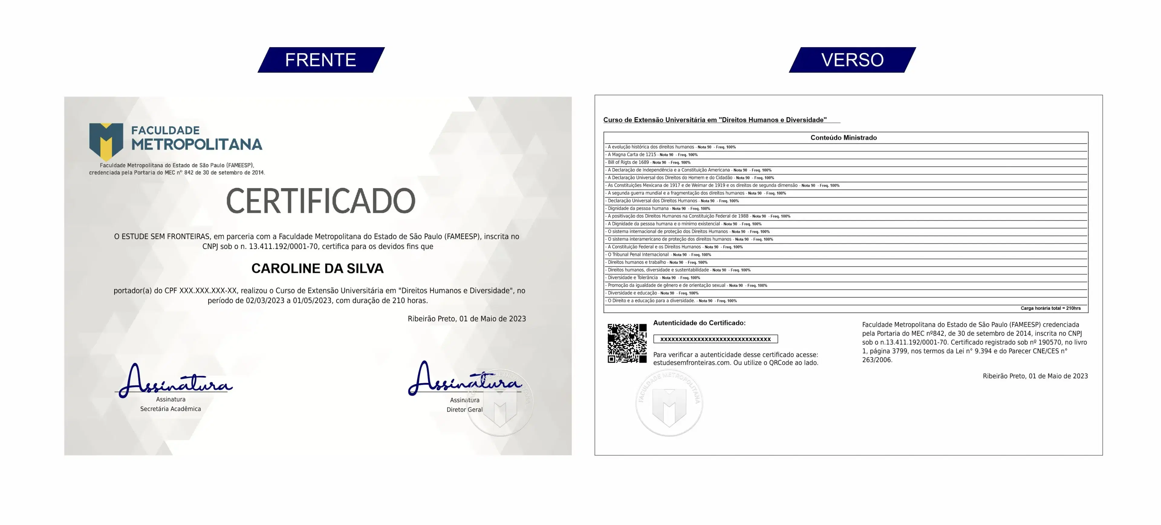 Modelo de Certificado de Extensão e Aperfeiçoamento da Faculdade Metropolitana