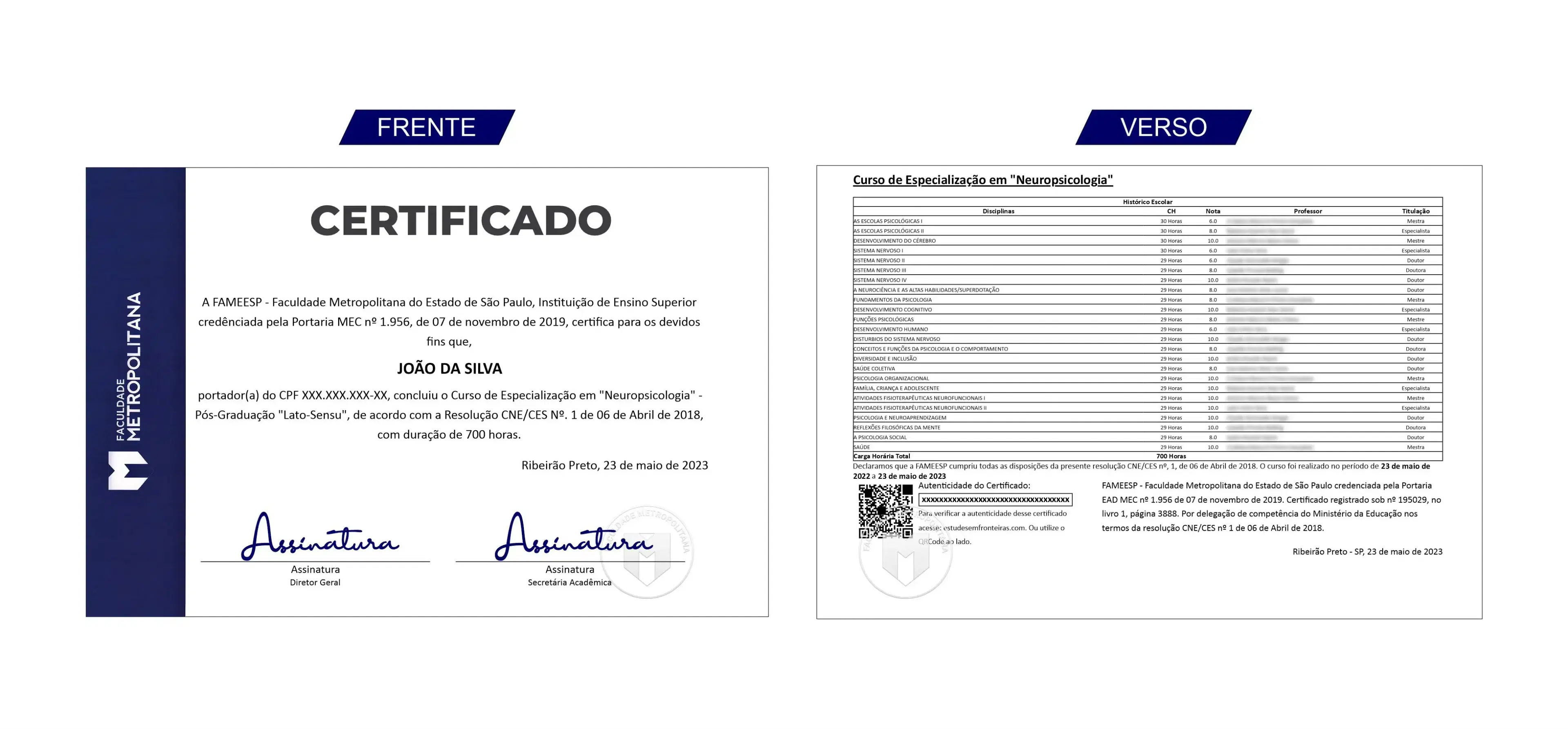 Modelo de Certificado de Pós-Graduação da Faculdade Metropolitana